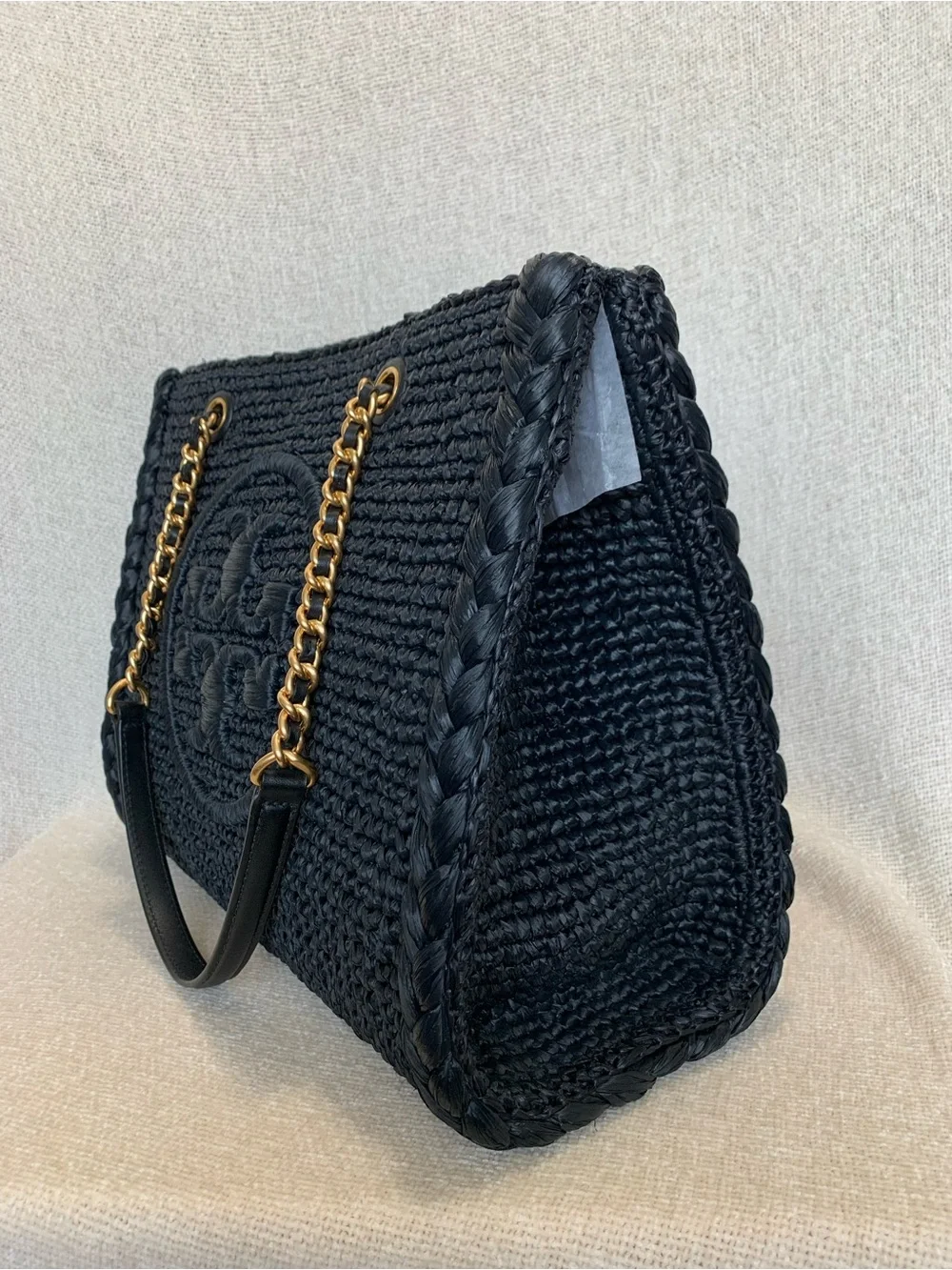 NEW Tory Burch Ella Melange Chain Strap Black Raffia Small Tote Bag